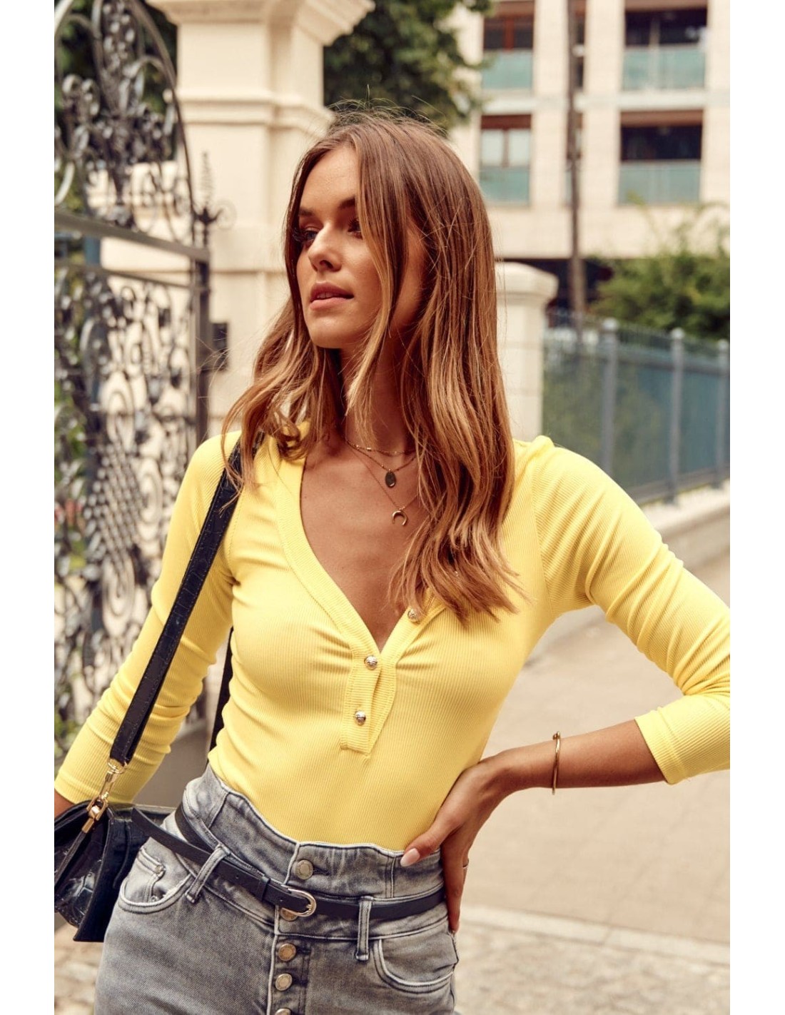 Ribbed bodysuit with a button-down neckline, yellow FG598 - Online store - Boutique